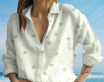 Cute Frog Print Blouse Shirt, Kawaii Frog Women Shirt, Summer Casual Blouse, Cottagecore Shirt, Pastel Aesthetic Top, Gift For Her