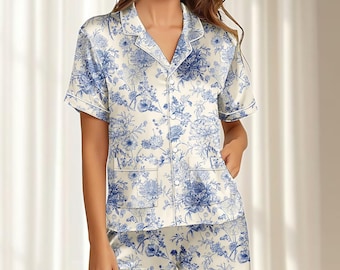Conjunto de pijama corto de satén floral, pijama vintage a juego con estampado botánico, ropa de dormir elegante y sedosa, ropa de estar retro para mujer, regalo para ella