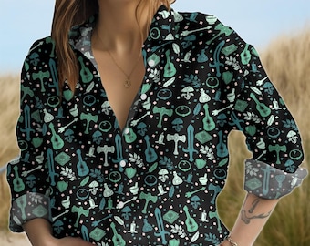Camicia da donna con bottoni a tema musicale, camicetta casual da donna, outfit per le vacanze, regalo per lei, top da donna, camicetta boho, abbigliamento da donna