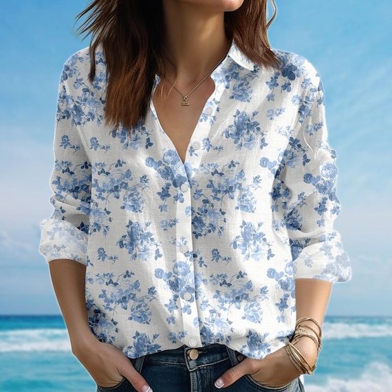 Blue Floral Blouse Shirt, Vintage Rose Women Shirt, Elegant Summer Shirt, Garden Picnic Shirt, Family Vacation Shirt, Gift For Her