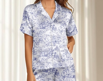 Toile De Jouy Satin Pajamas Short Set, Vintage Botanical Silk Sleepwear, Retro Summer Pjs, Elegant Matching Pajamas, Gift For Her