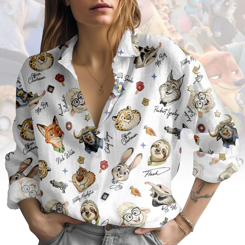 Zootopia Blouse Shirt, Nick Wilde Button Women Shirt, Judy Hopps Women Top, Women Blouse Top, Gift for Zootopia Fan