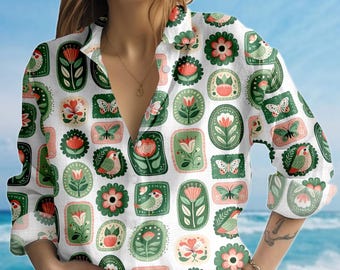 Pastel Folk Art Blouse Shirt, Green Pink Bird And Floral Shirt, Cottagecore Butterfly Women Shirt, Cute Scandinavian Style Shirt