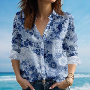 Vintage Floral Blouse Shirt, Flowers Women Shirt, Nature Lovers Casual Shirt, Retro Shirt For Women, Birthday Gift For Her