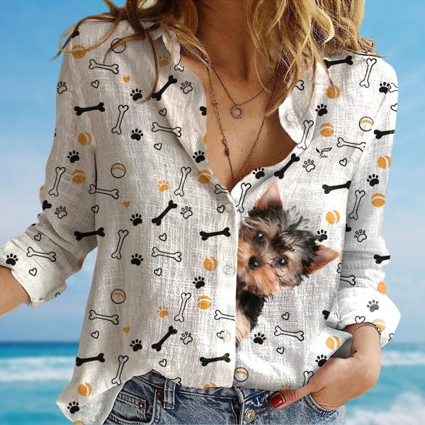 Blusa de Yorkshire Terrier, linda camisa de perro para mujer, camisa para amantes de las mascotas, camisa tropical de manga larga, linda blusa de cachorro para mujer, regalo para ella