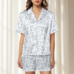 Vintage Blue Toile Satin Pajama Set, Cute Bunny Women Nightwear, French Vintage Sleepwear, Elegant Cottagecore Pjs, Gift For Her