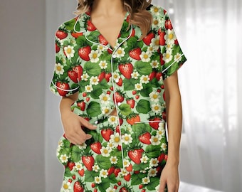 Strawberry Floral Satin Short Pajamas Set, Summer Fruit Print Sleepwear, Cute Garden Loungewear, Cute Matching Pajamas, Gift For Her