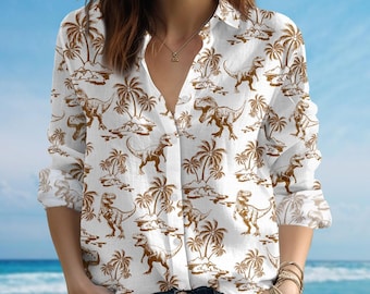 Trex Dinosaur Blouse Shirt, Tropical Jurassic Women Shirt, Funny Dino Printed Shirt, Family Vacation Summer Shirt, Gift For Her