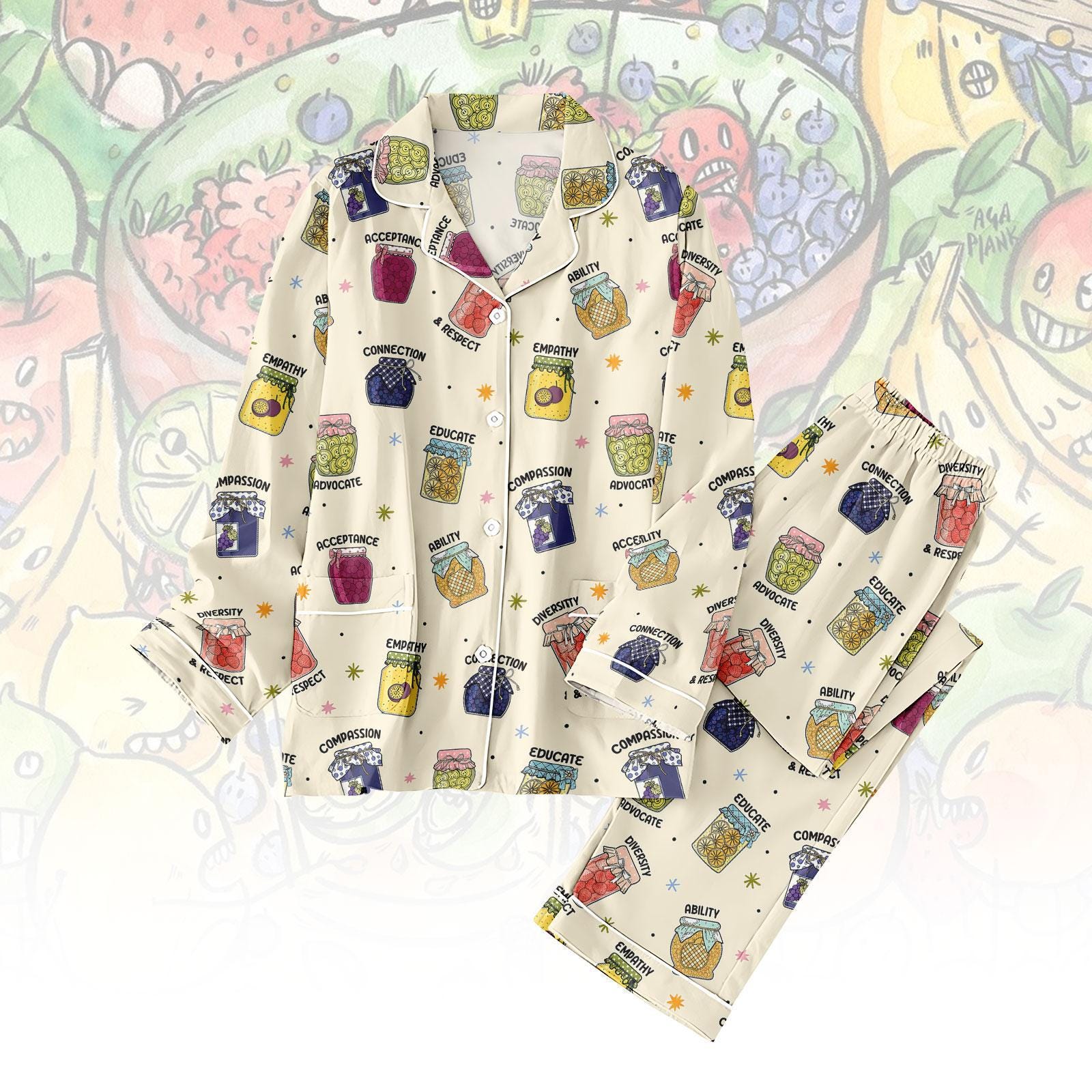 Discover Fruit Jam Print Thick PJs Set, Colorful Long Thick Pajamas, Cute Long Pajama Set, Women Pajamas, Gift for Foodie Fan