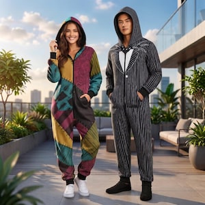 May include: Two hooded jumpsuits. One features a multicoloured patchwork pattern with teal, yellow, and maroon sections. The other is a black jumpsuit with thin white vertical pinstripes, a white chest panel, and a black hood with a front zipper closure.