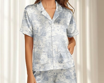 Toile De Jouy Satin Pyjamas Kurzes Set, Blaue Malerische Damen Nachtwäsche, Vintage Französische Kurzarm Loungewear, Passender Pjs, Geschenk Für Sie