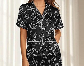 Czarny Kot Satynowy Zestaw Piżam Krótkich, Zabawny Kot Pasujący Piżamy, Zabawny Zwierzęcy Zestaw Wypoczynkowy Dla Kobiet, Kawaii Pet Nightwear, Prezent Urodzinowy Dla Niej