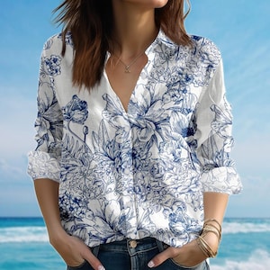 Blue Floral Blouse Shirt, Porcelain Long Sleeve Shirt, Vintage Botanical Shirt, Lightweight Spring Shirt For Women, Gift For Her
