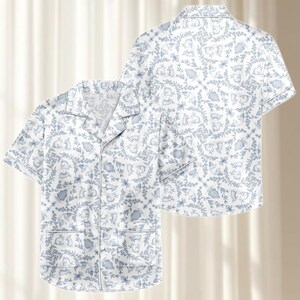 Vintage Blue Toile Satin Pajama Set, Cute Bunny Women Nightwear, French Vintage Sleepwear, Elegant Cottagecore Pjs, Gift For Her