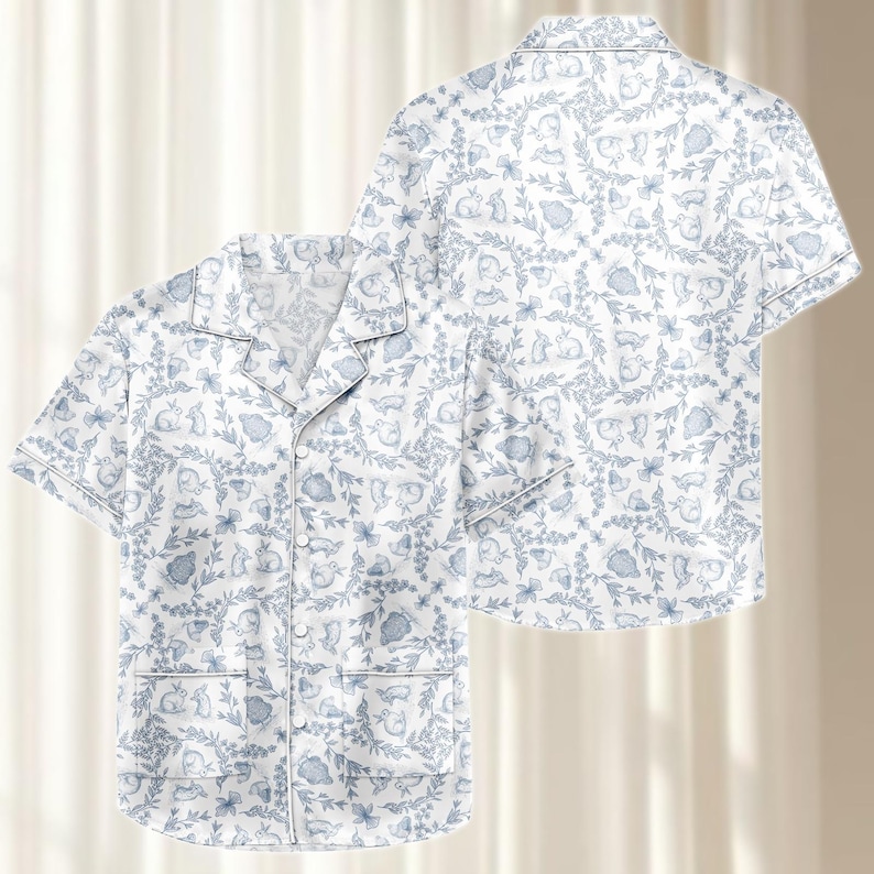 Vintage Blue Toile Satin Pajama Set, Cute Bunny Women Nightwear, French Vintage Sleepwear, Elegant Cottagecore Pjs, Gift For Her