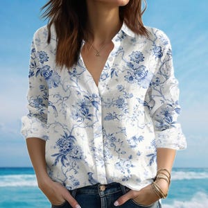 Blue Floral Bird Blouse Shirt, Vintage Toile Women Shirt, Casual Lightweight Shirt For Women, Nature Lovers Casual Shirt, Gift For Her
