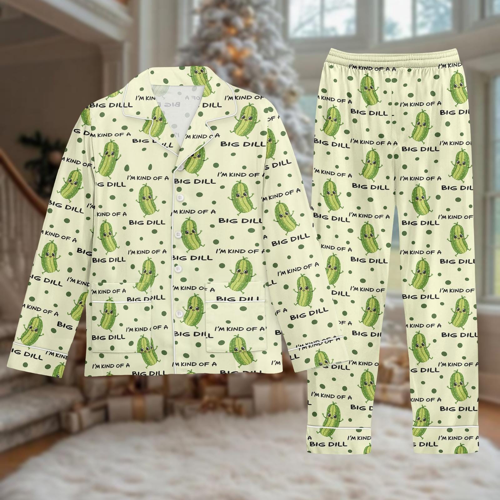 Discover Dill Pickle Pajamas Set, Fun Long Sleeve Sleepwear, Quirky Gift For Women, Cozy Loungewear For Christmas Morning, Holiday Gift