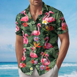 Flamingo Button Shirt, Pink Flamingo Hawaiian Shirt, Tropical Shirt, Nature Shirt For Men, Flamingo Summer Shirt, Gift For Him