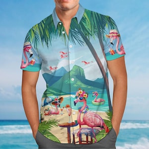Cute Flamingo Button Shirt, Nature Shirt For Men, Pink Flamingo Hawaiian Shirt, Tropical Shirt, Family Vacation Shirt, Gift For Him