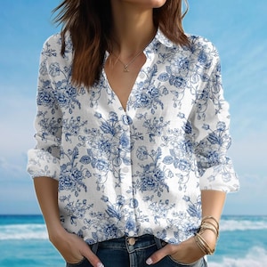 Blue Floral Blouse Shirt, Vintage Rose Women Shirt, Retro Soft Summer Shirt For Women, Cottagecore Casual Shirt, Birthday Gift For Her