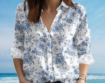 Blue Floral Blouse Shirt, Vintage Rose Women Shirt, Retro Soft Summer Shirt For Women, Cottagecore Casual Shirt, Birthday Gift For Her