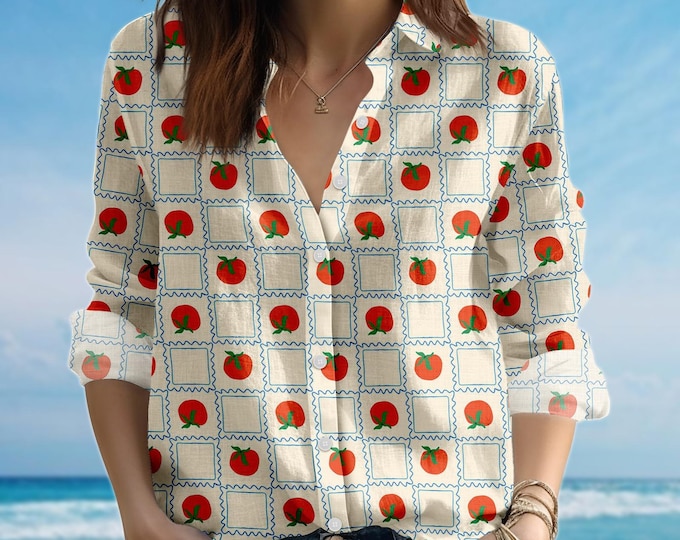 Tomato Blouse Shirt, Red Tomato Women Shirt, Retro Postage Style Casual Shirt, Cute Summer Fruit Shirt, Birthday Gift For Her