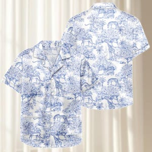 Safari Animal Satin Pajamas Short Set, Blue White Jungle Sleepwear, Giraffe Tiger Women Pjs, Cute Matching Nightwear, Gift For Her