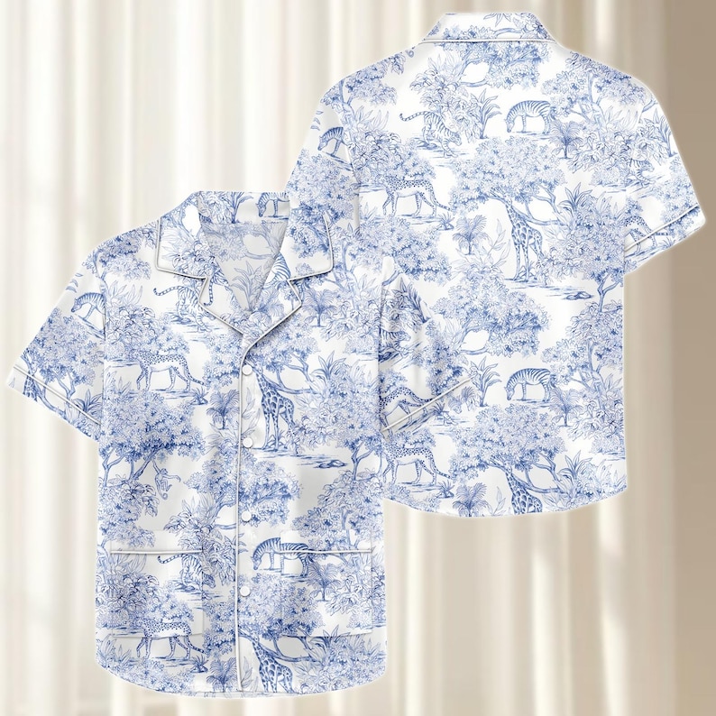 Safari Animal Satin Pajamas Short Set, Blue White Jungle Sleepwear, Giraffe Tiger Women Pjs, Cute Matching Nightwear, Gift For Her