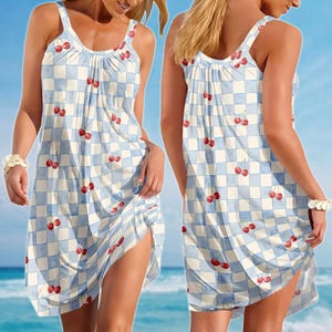 Blue Gingham Cherry Dress, Red Fruits Sling Summer Dress, Picnic Cottagecore Sundress, Retro Sleeveless Fruit Dress, Funny Gift For Her