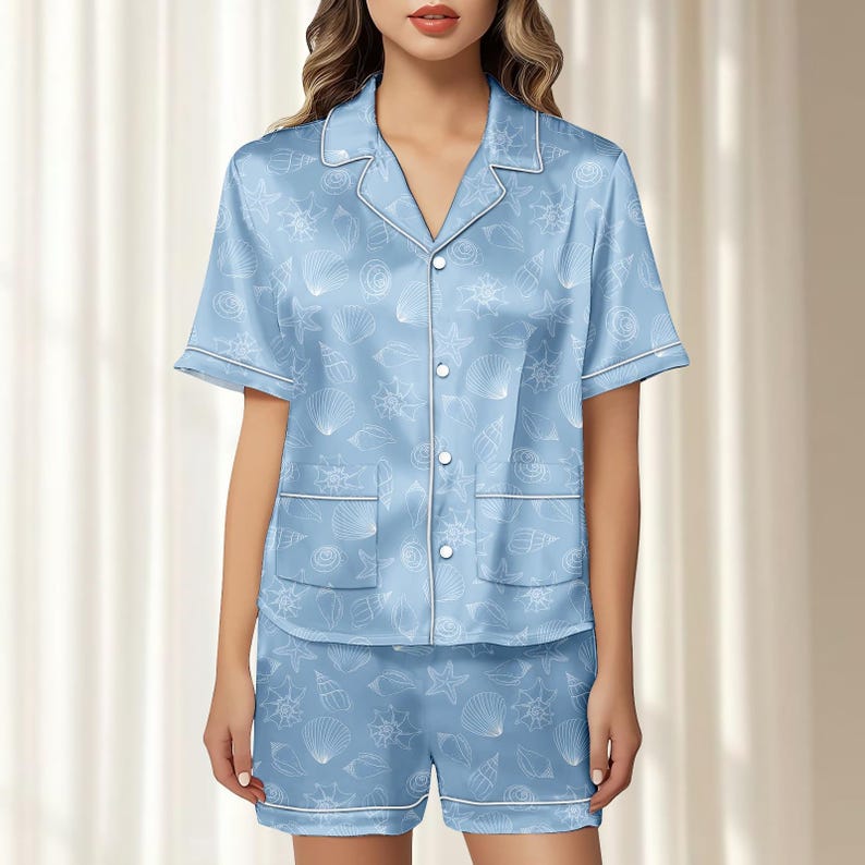 Seashell Satin Pajamas Short Set, Light Blue Ocean Women Sleepwear, Summer Loungewear, Coastal Beachy Pj Set, Funny Gift For Her