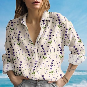 Lavender Floral Blouse Shirt, Vintage Long Sleeve Shirt, Spring Botanical Casual Shirt, Flowers Summer Women Shirt, Gift For Her