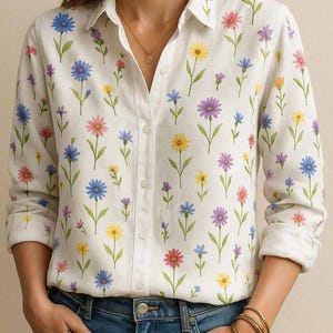 Mehrfarbige Wildblumen-Bluse, Botanische Blumen-Bluse, leichtes Garten-Top, Cottagecore-Shirt für Frauen, lustiges Geschenk