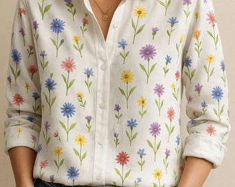 May include: White button-down shirt with a colorful floral pattern. The shirt features a repeating design of various flowers in shades of blue, pink, yellow, and purple. The long-sleeved shirt is paired with blue jeans.