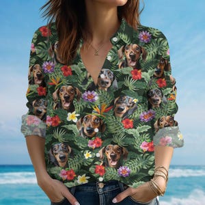 Dachshund Blouse Shirt, Cute Wiener Dog Print Shirt For Women, Funny Sausage Dog Vacation Shirt, Cute  Summer Shirt, Pet Gift Idea