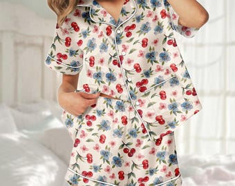 Vintage Cherry Pajama Short Set, Red Fruits Women Sleepwear, Flowers Matching Pjs, Floral Family Vacation Merch, Funny Gift For Her