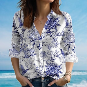 Blue Floral Blouse Shirt, Vintage Navy Botanical Shirt, Summer Cottagecore Garden Shirt, Flowers Lovers Shirt, Birthday Gift For Her