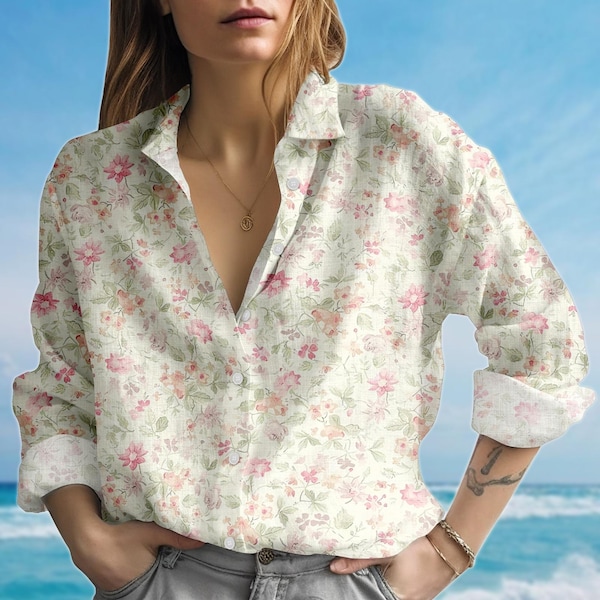 Blouseshirt pastel bloemen, zachtroze bloem damesshirt, casual shirt cottagecore, shirt familievakantie strand, cadeau voor haar