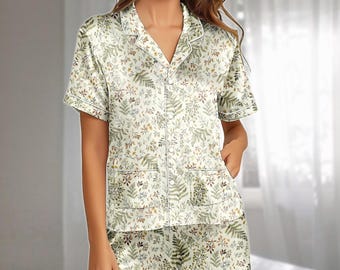 Botanical Satin Pajamas Set, Nature Leaf Print Short Sleepwear, Cottagecore Plant Loungewear, Garden Lover Pajamas, Gift For Her