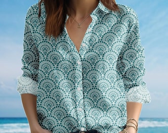 Blusa con estampado geométrico verde azulado, elegante, manga larga, informal y chic, ideal para regalar en verano.