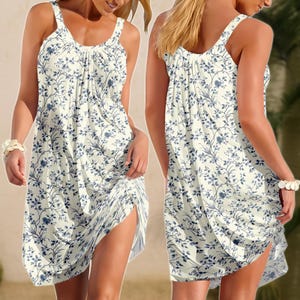 Navy Blue Floral Sling Dress, Elegant Summer Tank Dress, Cottagecore Wildflower Print, Breezy Floral Vacation Dress, Gift for Her