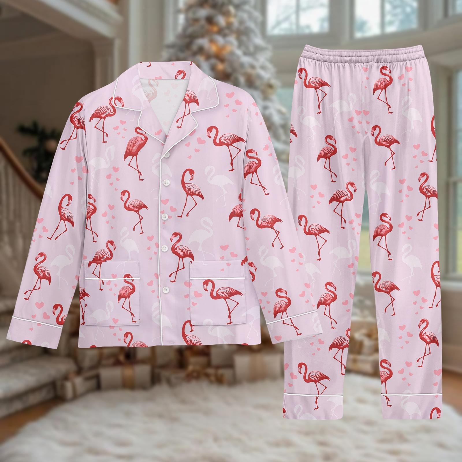 Discover Flamingo Pajamas Set, Long Sleeve Sleepwear, Novelty Gift For Her, Cute Loungewear For Flamingo Lovers, Cozy Holiday Gift
