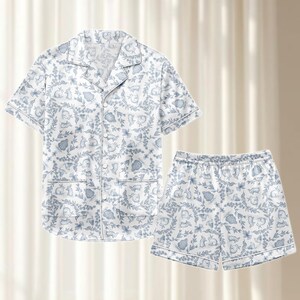 Vintage Blue Toile Satin Pajama Set, Cute Bunny Women Nightwear, French Vintage Sleepwear, Elegant Cottagecore Pjs, Gift For Her