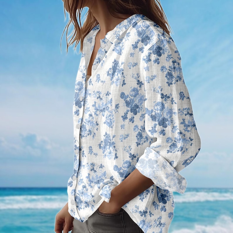 Blue Floral Blouse Shirt, Vintage Rose Women Shirt, Elegant Summer Shirt, Garden Picnic Shirt, Family Vacation Shirt, Gift For Her