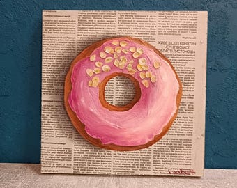 ドーナツの絵画のトレンディな壁アート、新聞紙に描かれたピンクの