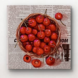 Cherry original Oil painting on newspaper Kitchen wall decor Berries painting Fruit painting Newspaper art