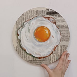 Fried Egg Painting on Newspaper: Original Acrylic Food Art (12 inch)