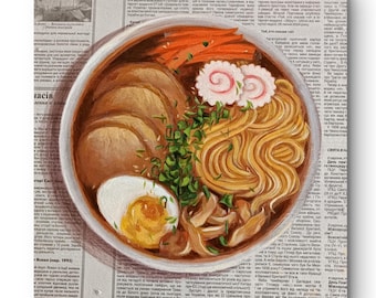 Original Oil Painting Ramen on Newspaper – Japanese dish Wall Art, Kitchen Decor 12 x 12 inches