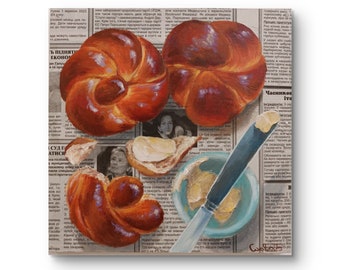 Bun with butter painting on newspaper Bread acrylic painting Food painting Breakfast painting 10x10 inch Bakery wall decor Pastry painting