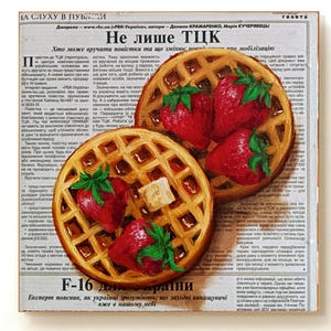 Belgian waffles Oil painting on newspaper Wall decor Original painting Food painting Newspaper art Dessert painting Waffles and strawberry