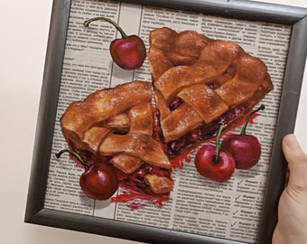 Cherry pie painting on newspaper Dessert acrylic painting Food painting Newspaper art Breakfast painting  Housewarming Gifts Gifts for Mom